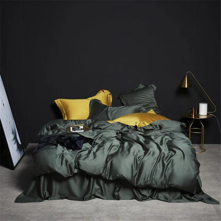 Liv-Esthete Set biancheria da letto in seta 100% verde scuro Set biancheria da letto in pura seta sana di lusso Queen King Copripiumino Lenzuolo piatto Federa Set biancheria da letto