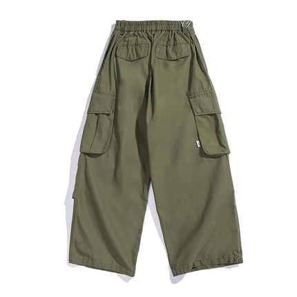 Multi-Pocket Cargo Pants Mens Safari Style Solid Color Pleated Loose Straight-leg Pants Elastic Waist Casual Trousers Men