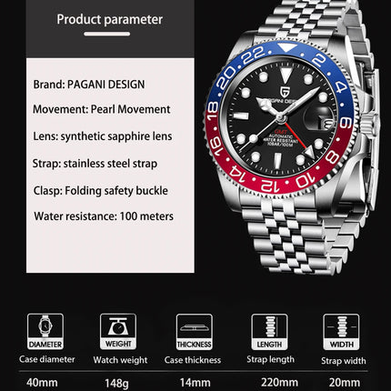 PAGANI DESIGN 2026 40MM Orologio Automatico di Lusso da Uomo GMT con Ghiera in Ceramica, Cinturino Jubilee, Vetro Zaffiro, Impermeabile