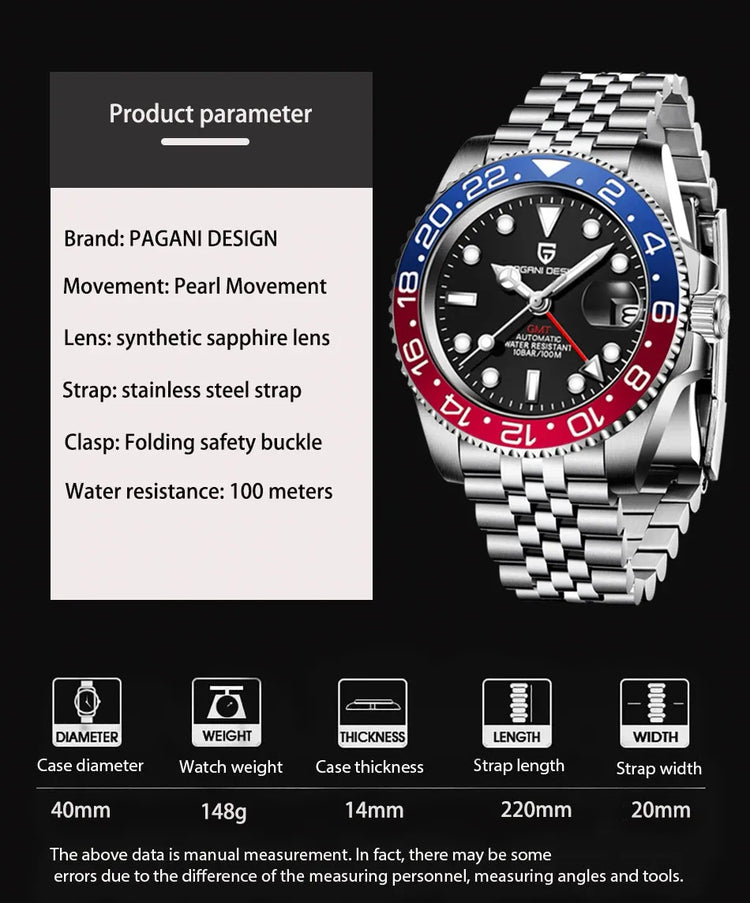 PAGANI DESIGN 2026 40MM Orologio Automatico di Lusso da Uomo GMT con Ghiera in Ceramica, Cinturino Jubilee, Vetro Zaffiro, Impermeabile