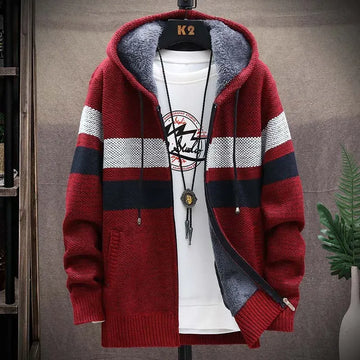 Men's Striped Sweater Coat Thick Fleece Warm Zipper Wool Hooded Cardigan Jumpers Men Long Sleeve Knitted Sweaters