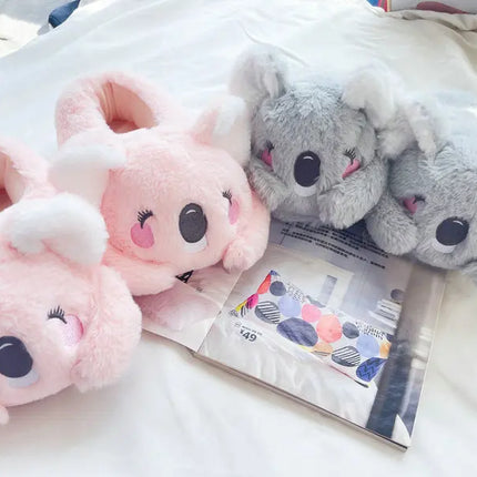 Cute Pink Gray Koala Cartoon Animal Plush Slippers Female Winter Warm Koala Home Woman Slipper