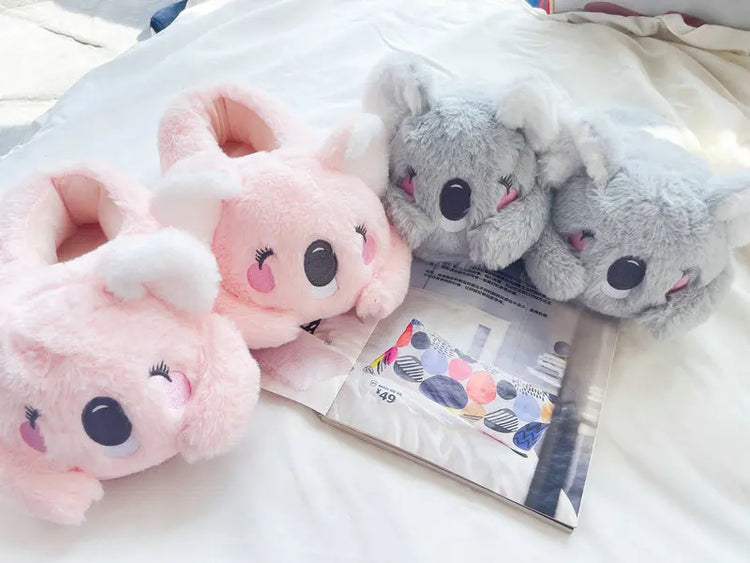Cute Pink Gray Koala Cartoon Animal Plush Slippers Female Winter Warm Koala Home Woman Slipper
