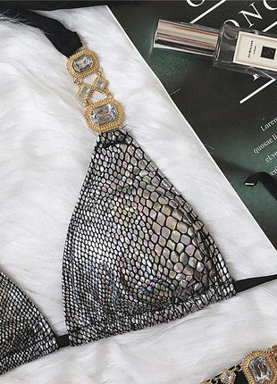 Catene di metallo con scollo all'americana Strass Diamante Bikini Costume da bagno donna Costumi da bagno femminili Due pezzi Bikini set Costume da bagno brasiliano Swim platinumshop