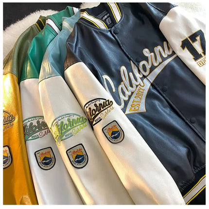 American retro letter embroidered jackets coats men's motorcycle bomb street leather baseball uniform couple casual loose jacket