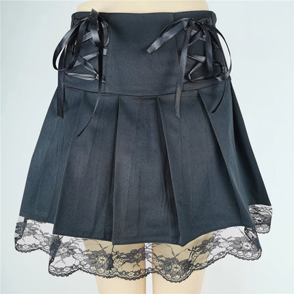Harajuku Punk gotico nero a vita alta gonne nere donne Sexy Patchwork fasciatura Mini gonna nera Streetwear femminile