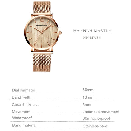 HANNAH MARTIN Movimento al quarzo giapponese in acciaio inossidabile di qualità del marchio Orologio Dropshipping da donna impermeabile da 36 mm in oro rosa completo platinumshop