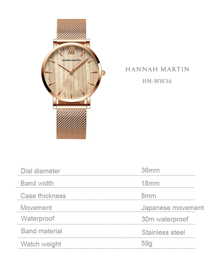 HANNAH MARTIN Movimento al quarzo giapponese in acciaio inossidabile di qualità del marchio Orologio Dropshipping da donna impermeabile da 36 mm in oro rosa completo platinumshop