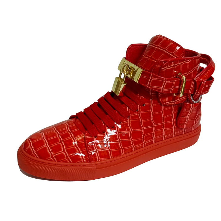 Luxury Designer Men Crocodile Pattern High Top Sneakers Glossy Patent Leather Gold Buckle Lace-up Casual Street Shoes Footwear