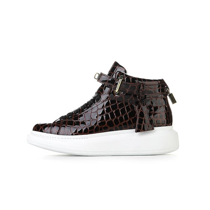 2026 Mid-Top Sneakers Men Alligator Pattern Round Toe Lock Decoration Lace Flats Glossy Cow Leather Casual Shoes