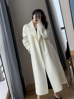 White Woolen Coat Women Autumn And Winter High-End Fashion Temperament Long Thick Blended Wool Windbreaker Female Jacket Belt 99