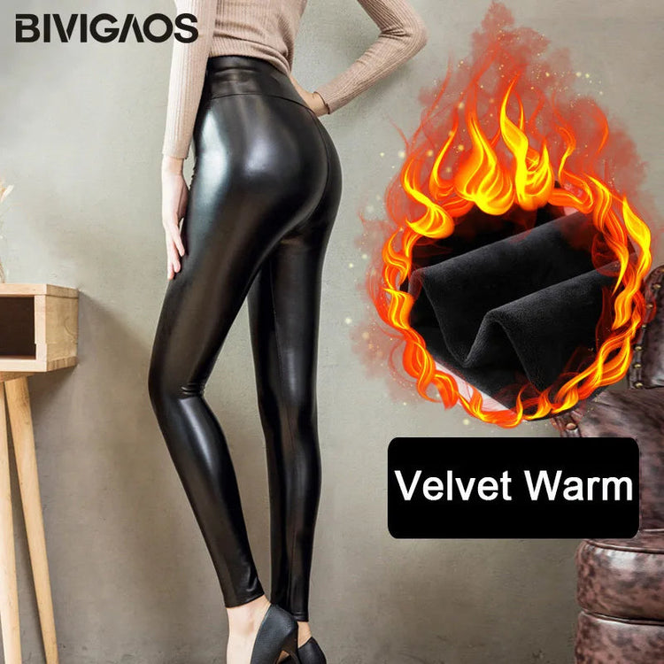 BIVIGAOS Fashion Women PU Leather Pants Elastic High Waist Winter Leggings Slim Velvet Leather Leggings Skinny Fleece Trousers PlatiNum