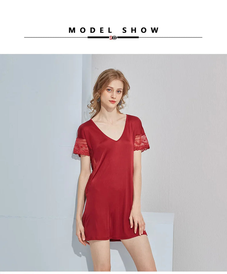 SuyaDream abito da notte in seta da donna in seta naturale e pizzo Mini abiti Sexy da vino nero camicie da notte estive 2021