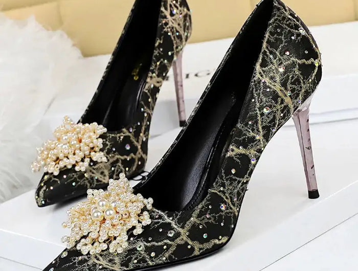 BIGTREE Scarpe Fiori di perle Décolleté da donna Tacchi alti con strass 2026 Nuove donne di lusso Tacchi a spillo Décolleté da donna di grandi dimensioni platinumshop