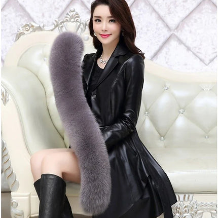 PU Leather Long Leather Jacket Women's Fur Collar Removable Coat Faux Leather Slim Female Temperament Leather Windbreaker Black