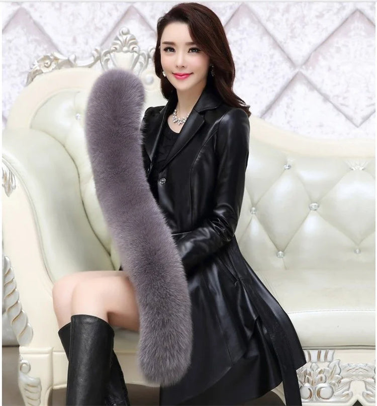 PU Leather Long Leather Jacket Women's Fur Collar Removable Coat Faux Leather Slim Female Temperament Leather Windbreaker Black