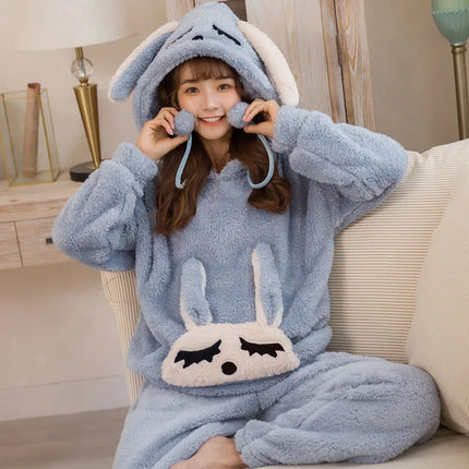 Cute Pajamas Set 2 Pieces Women Sleepwear Warm Winter Thick Coral Fleece Hooded Cartoon Girls Homewear Animal Pajamas Nighties