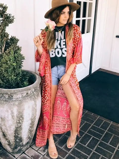TEELYNN Chiffon Blumenprint Kimono Langarm Strand Boho Cover-up Damen Bluse Vintage Sommer Cardigan Oberteile Blusas Hemd