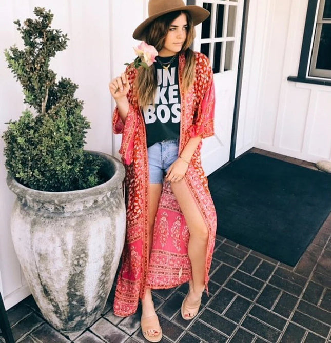TEELYNN Chiffon Floreale di Stampa Kimono A Maniche Lunghe beach boho Cover up Camicetta delle donne Dell'annata di estate Cardigan Magliette E Camicette Blusas shirt platinumshop