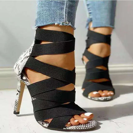 Décolleté Scarpe sexy da festa Scarpe da ballo Scarpe estive con serpente Décolleté da donna Tacchi alti e sottili Gladiatore con strass a punta