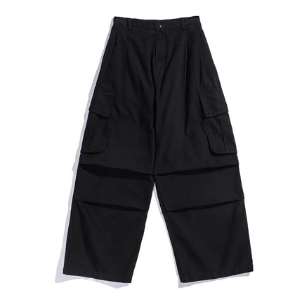 Multi-Pocket Cargo Pants Mens Safari Style Solid Color Pleated Loose Straight-leg Pants Elastic Waist Casual Trousers Men