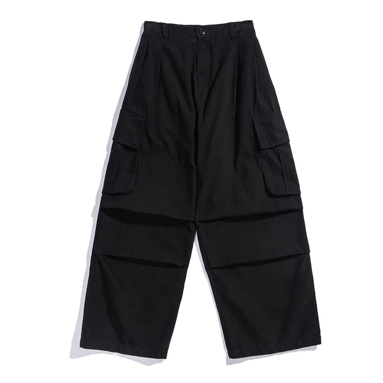 Multi-Pocket Cargo Pants Mens Safari Style Solid Color Pleated Loose Straight-leg Pants Elastic Waist Casual Trousers Men