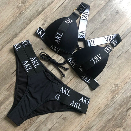 Costumi da bagno da donna Costume da bagno Push Up Bikini 2023 Mujer Lace Up Bikini Costume da bagno donna Stampa di lettere Mini Perizoma Bikini Set platinumshop