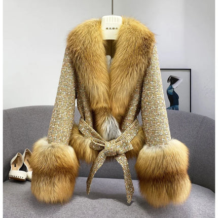 Female Winter ThickCotton Thin Short Woolen Jacket Women New Slim Imported Whole Skin Red Fox Fur Collar Imitation Fur Coat A863