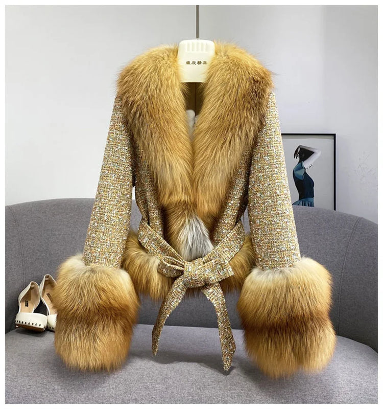 Female Winter ThickCotton Thin Short Woolen Jacket Women New Slim Imported Whole Skin Red Fox Fur Collar Imitation Fur Coat A863