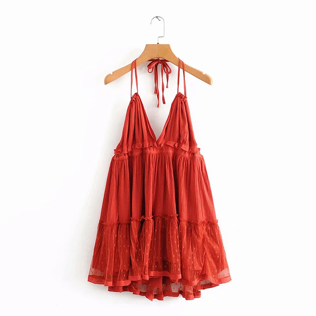 SheMujerSky Sexy Lace Patchwork Backless Mini Dress Summer V Neck Halter Dresses Women's Dress Elegant Party