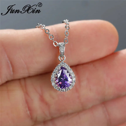 Multicolor Crystal Water Drop Stone Pendant Green Red Blue Zircon Necklaces For Women White Gold Colorful Pear Cz Wedding Choker PlatiNum