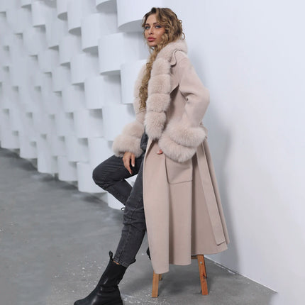 2022 New Arrival Women Wool Coat With Real Fox Fur Collar Cuff Slim Fit Elegant Belted Cashmere Long Coat Ladies Winter Coats