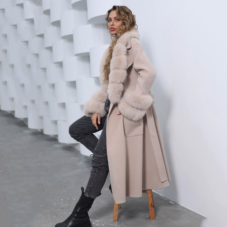 2022 New Arrival Women Wool Coat With Real Fox Fur Collar Cuff Slim Fit Elegant Belted Cashmere Long Coat Ladies Winter Coats