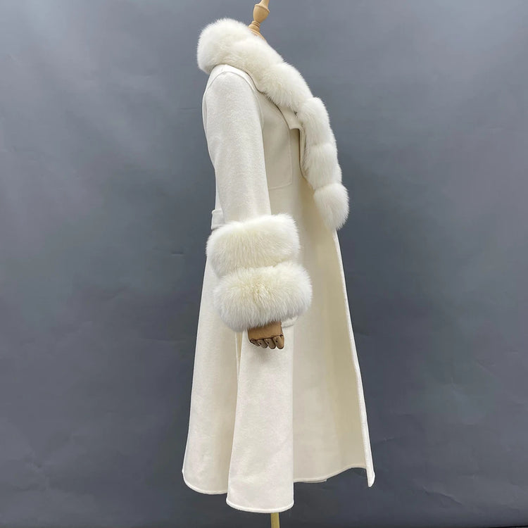 2022 New Arrival Women Wool Coat With Real Fox Fur Collar Cuff Slim Fit Elegant Belted Cashmere Long Coat Ladies Winter Coats