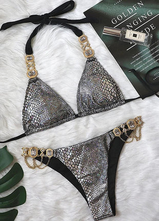 Catene di metallo con scollo all'americana Strass Diamante Bikini Costume da bagno donna Costumi da bagno femminili Due pezzi Bikini set Costume da bagno brasiliano Swim platinumshop
