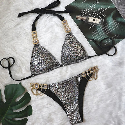 Catene di metallo con scollo all'americana Strass Diamante Bikini Costume da bagno donna Costumi da bagno femminili Due pezzi Bikini set Costume da bagno brasiliano Swim platinumshop