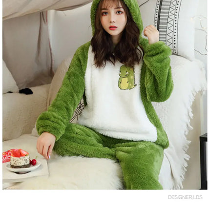 Jielur Warm Women Pajama Sets Winter Lady Long Sleeve Shirt+Pants Home suit Hooded Cartoon Print Thick Pijama Feminino