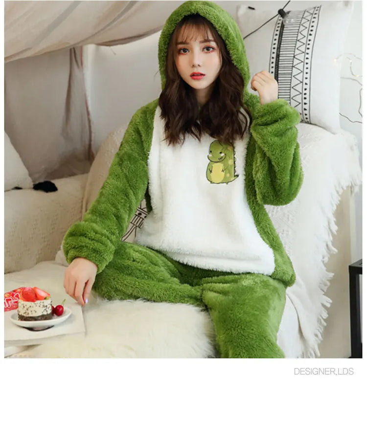 Jielur Warm Women Pajama Sets Winter Lady Long Sleeve Shirt+Pants Home suit Hooded Cartoon Print Thick Pijama Feminino