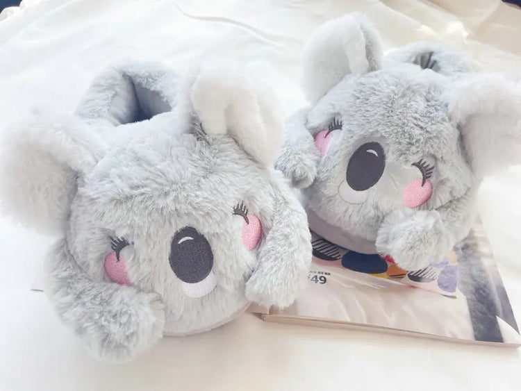 Cute Pink Gray Koala Cartoon Animal Plush Slippers Female Winter Warm Koala Home Woman Slipper