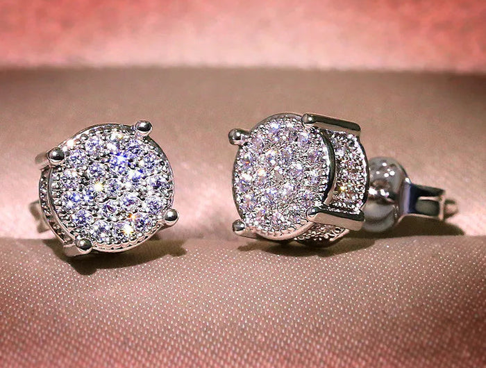 Luxury Full Crystal Round Earrings White Gold Yellow Gold Color White Zircon Stone Wedding Stud Earrings For Women Men Jewelry PlatiNum
