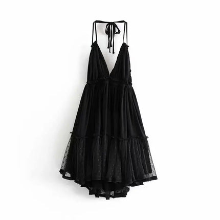 SheMujerSky Sexy Lace Patchwork Backless Mini Dress Summer V Neck Halter Dresses Women's Dress Elegant Party