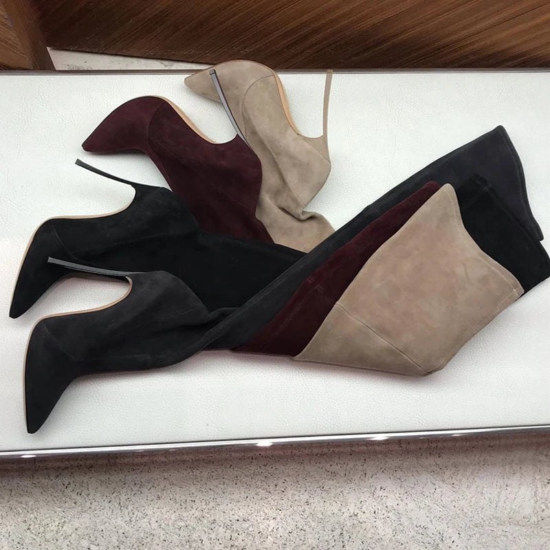 Over The Knee Suede Slim Boots Stretch Fabric Metal Thin High Heel Sexy Pointed Slip On Winter Women Shoes Solid Sexy Boots
