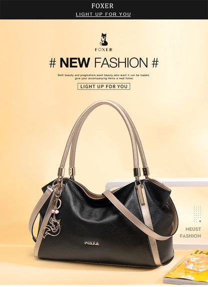 FOXER Women Genuine Leather Handbag Lady Large Capacity Crossbody Shoulder Bags Cowhide Top Handle Tote Festival Gift For Female