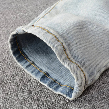 Men Crystal Holes Ripped Patchwork Jeans Streetwear Light Blue Denim Slim Skinny Pencil Pants Trousers PlatiNum