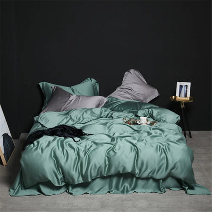 Liv-Esthete Set biancheria da letto in seta 100% verde scuro Set biancheria da letto in pura seta sana di lusso Queen King Copripiumino Lenzuolo piatto Federa Set biancheria da letto