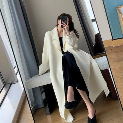 White Woolen Coat Women Autumn And Winter High-End Fashion Temperament Long Thick Blended Wool Windbreaker Female Jacket Belt 99