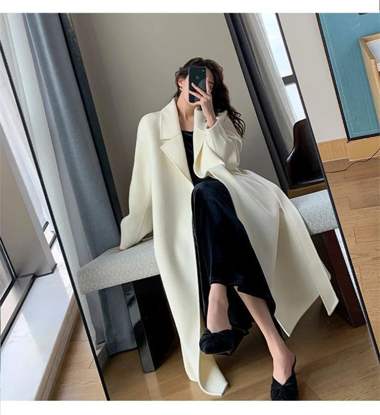 White Woolen Coat Women Autumn And Winter High-End Fashion Temperament Long Thick Blended Wool Windbreaker Female Jacket Belt 99