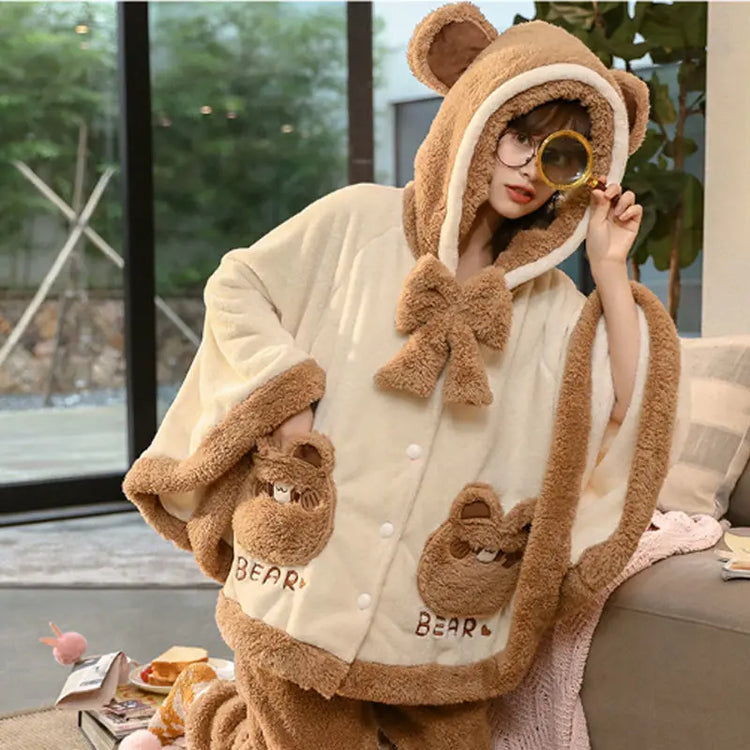 Japan Cute Lolita Pajamas Sets Girls Sweet Bear Ear Hooded Coral Fleece Cloak Sleepwear Women Winter Kawaii Home Clothes Pyjamas