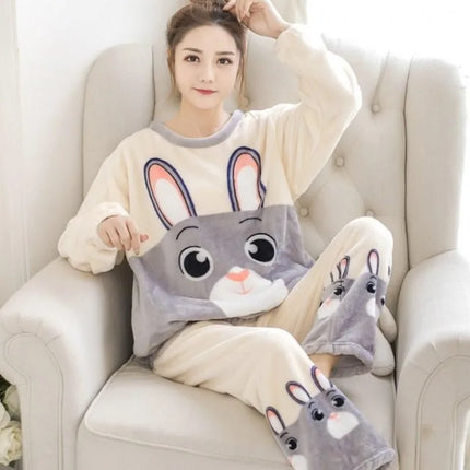 New 2025 Autumn Winter Warm Flannel Women Pijama Sets Thick Coral Velvet Long Sleeve Cute Sleepwear Set Thin Flannel Pajamas Set