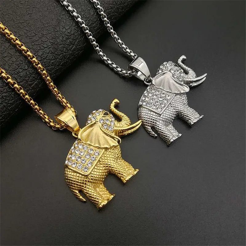 Collana con ciondolo elefante animale in acciaio inossidabile CZ e catena Hip Hop color oro ghiacciato bling moda donna regalo gioielli fortunati